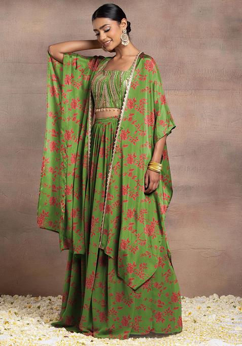 Light Green Lehenga Set With Hand Embroidered Blouse And Cape