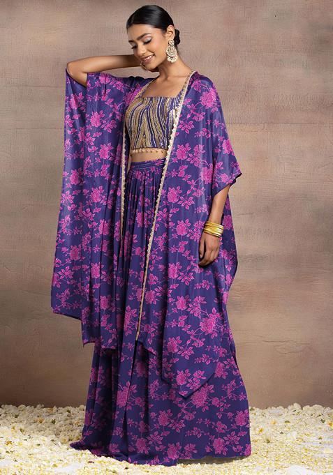 Purple Lehenga Set With Hand Embroidered Blouse And Cape