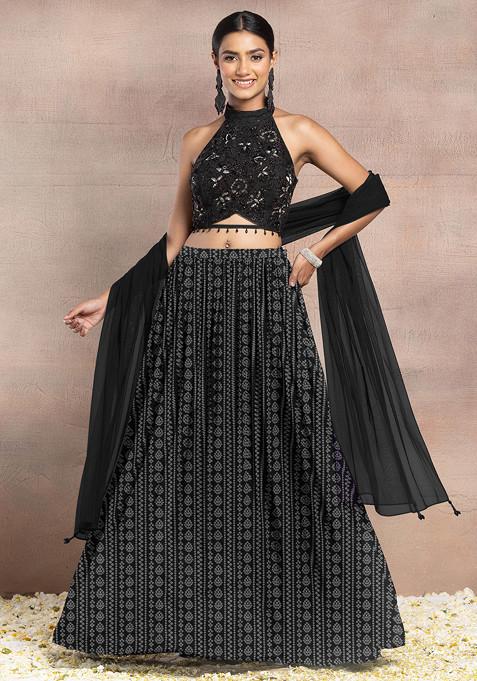 Black Lehenga Set With Hand Embroidered Halter Blouse And Dupatta