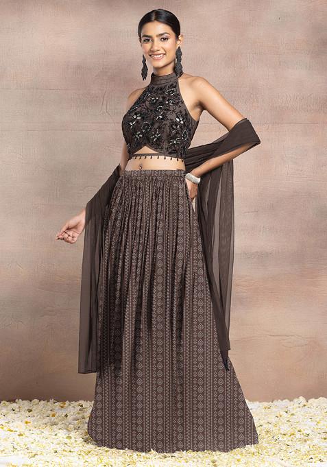 Brown Lehenga Set With Hand Embroidered Halter Blouse And Dupatta