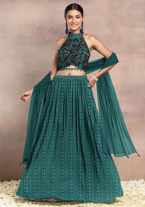 Sea Green Lehenga Set With Hand Embroidered Halter Blouse And Dupatta