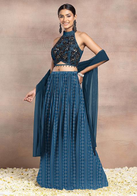 Blue Lehenga Set With Hand Embroidered Halter Blouse And Dupatta