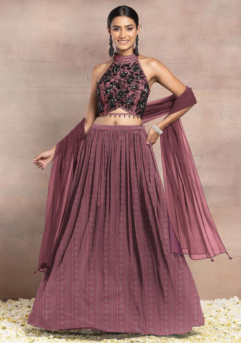 Peach Lehenga Set With Hand Embroidered Halter Blouse And Dupatta