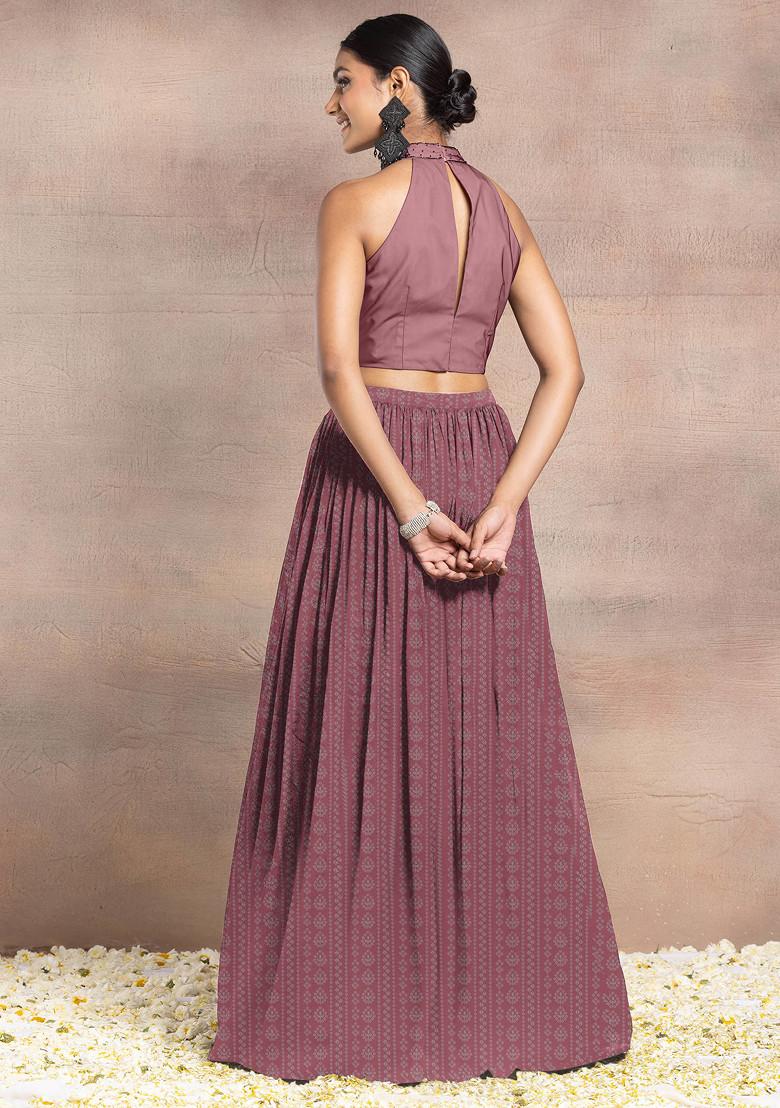 Peach Lehenga Set With Hand Embroidered Halter Blouse And Dupatta