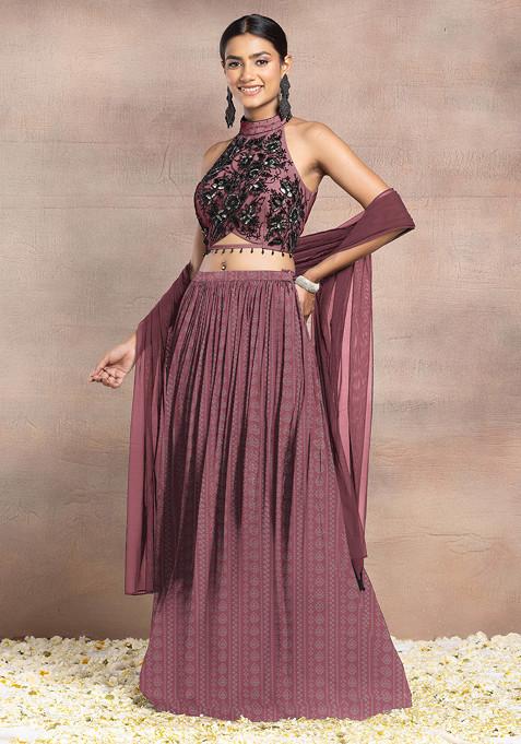 Peach Lehenga Set With Hand Embroidered Halter Blouse And Dupatta