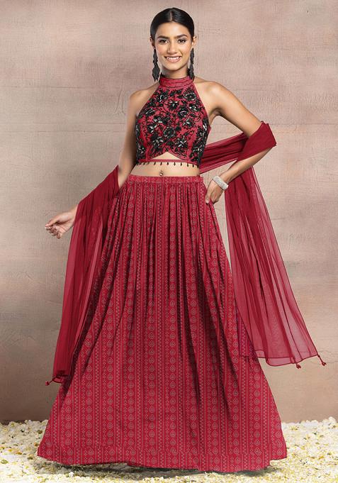 Red Lehenga Set With Hand Embroidered Halter Blouse And Dupatta