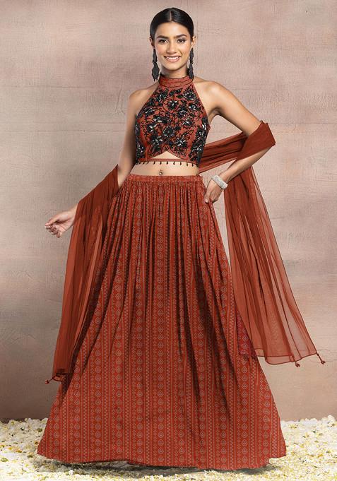 Orange Lehenga Set With Hand Embroidered Halter Blouse And Dupatta