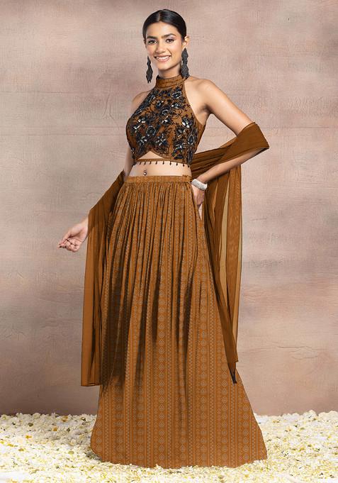 Light Orange Lehenga Set With Hand Embroidered Halter Blouse And Dupatta