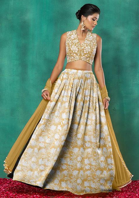 Yellow Lehenga Set With Floral Sequin Hand Embroidered Blouse And Dupatta