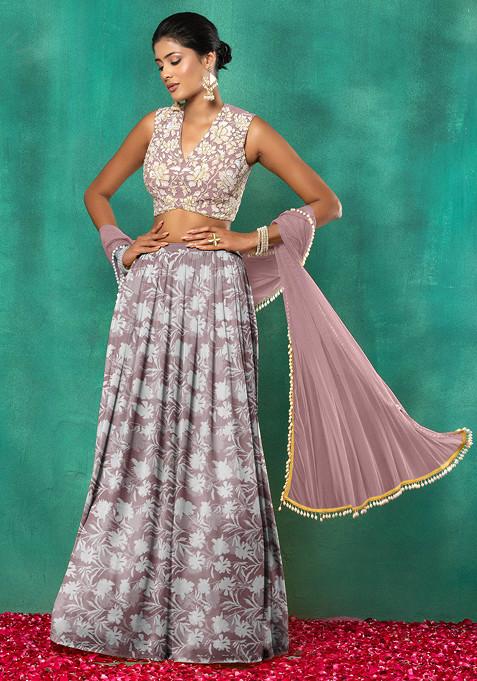 Brown Lehenga Set With Floral Sequin Hand Embroidered Blouse And Dupatta