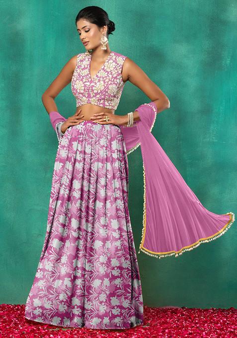 Pink Lehenga Set With Floral Sequin Hand Embroidered Blouse And Dupatta