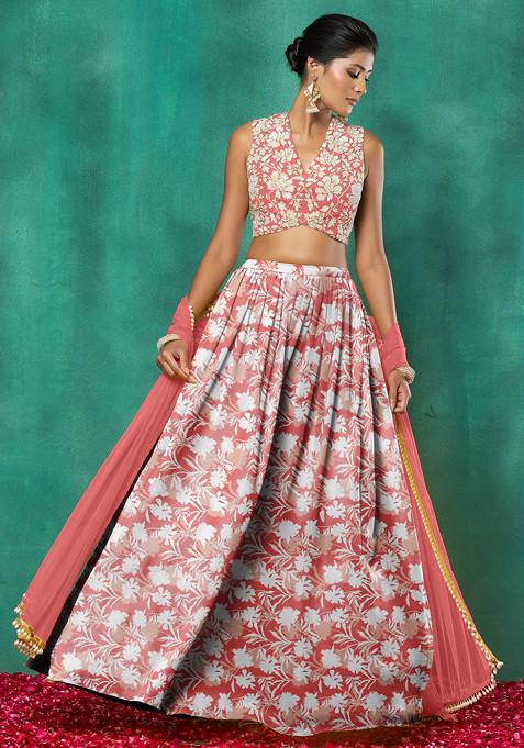 Red Lehenga Set With Floral Sequin Hand Embroidered Blouse And Dupatta