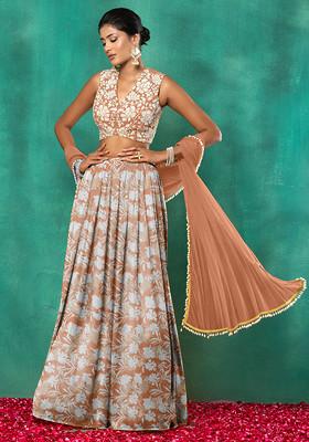 Orange Lehenga Set With Floral Sequin Hand Embroidered Blouse And Dupatta