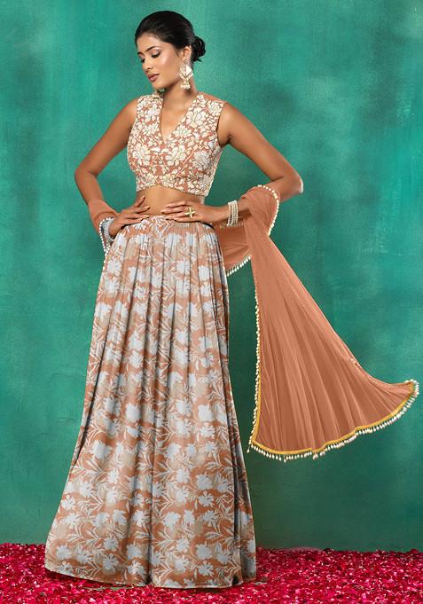 Orange Lehenga Set With Floral Sequin Hand Embroidered Blouse And Dupatta