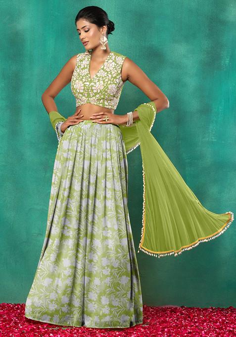 Lime Green Lehenga Set With Floral Sequin Hand Embroidered Blouse And Dupatta