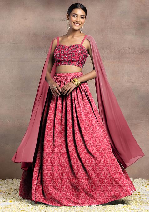 Red Lehenga Set With Swarovski Hand Embroidered Cape Sleeve Blouse