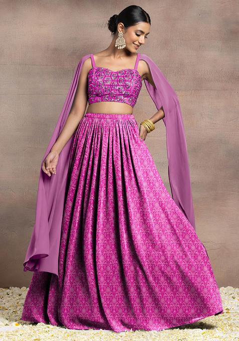 Pink Lehenga Set With Swarovski Hand Embroidered Cape Sleeve Blouse