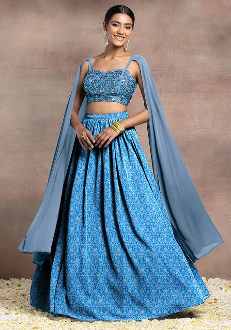 Blue Lehenga Set With Swarovski Hand Embroidered Cape Sleeve Blouse