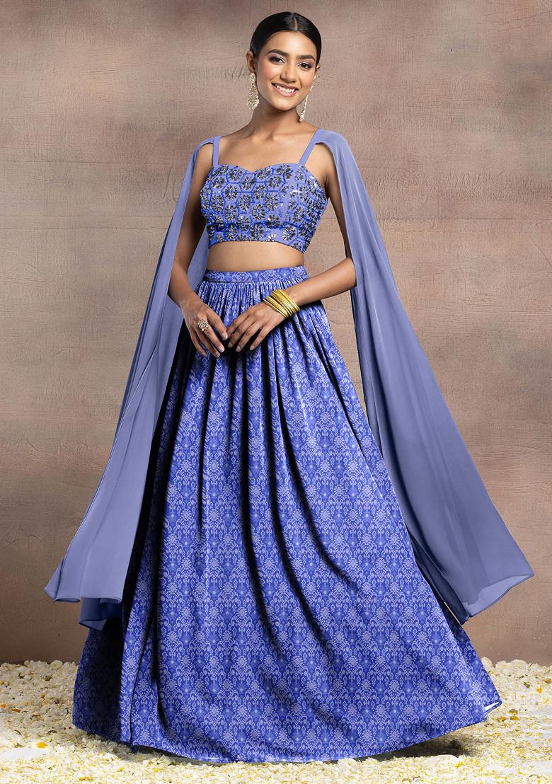 Purple Lehenga Set With Swarovski Hand Embroidered Cape Sleeve Blouse