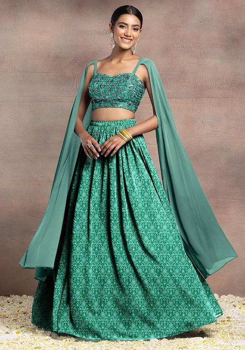 Green Lehenga Set With Swarovski Hand Embroidered Cape Sleeve Blouse