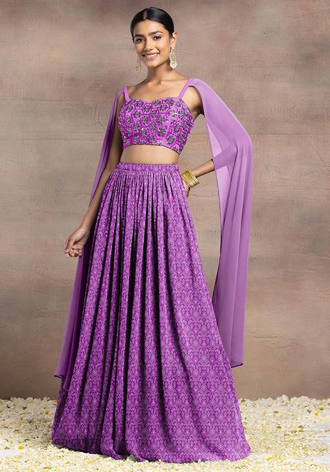 Purple Lehenga Set With Swarovski Hand Embroidered Cape Sleeve Blouse