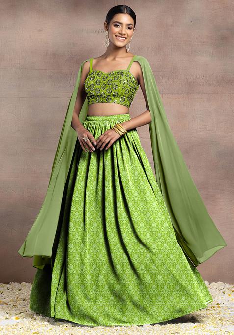 Light Green Lehenga Set With Swarovski Hand Embroidered Cape Sleeve Blouse