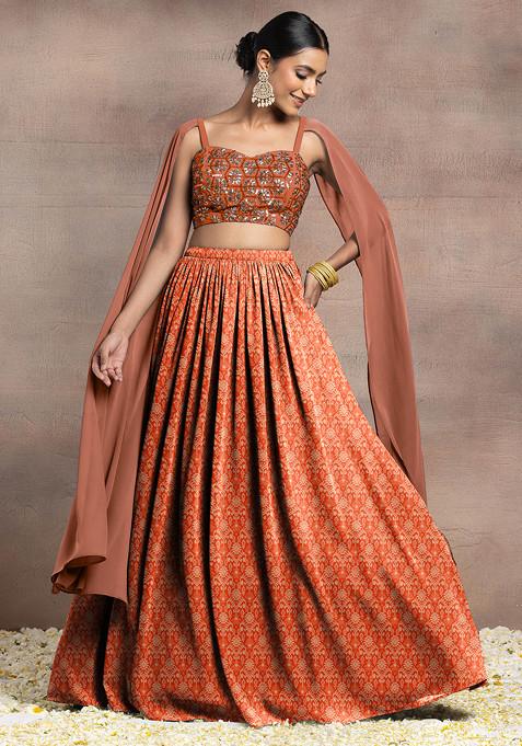 Orange Lehenga Set With Swarovski Hand Embroidered Cape Sleeve Blouse