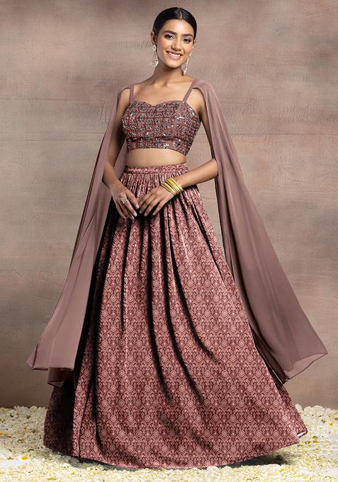 Brown Lehenga Set With Swarovski Hand Embroidered Cape Sleeve Blouse