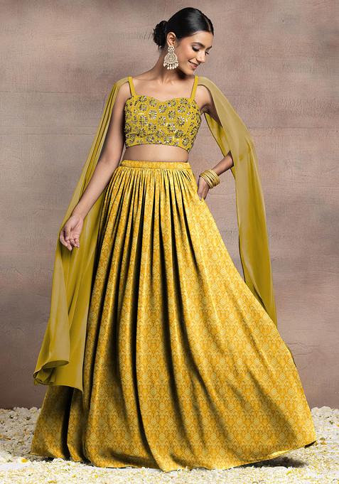 Yellow Lehenga Set With Swarovski Hand Embroidered Cape Sleeve Blouse