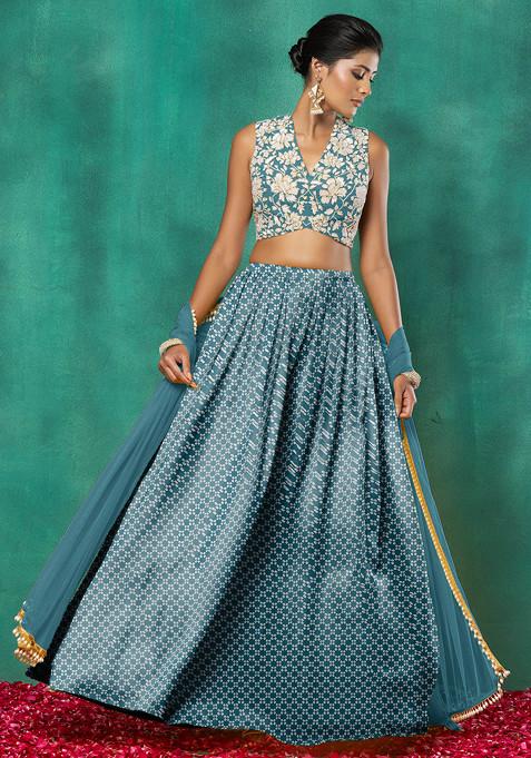 Dark Blue Lehenga Set With Floral Sequin Hand Embroidered Blouse And Dupatta