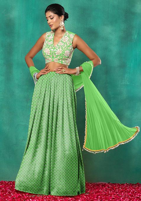 Light Green Lehenga Set With Floral Sequin Hand Embroidered Blouse And Dupatta