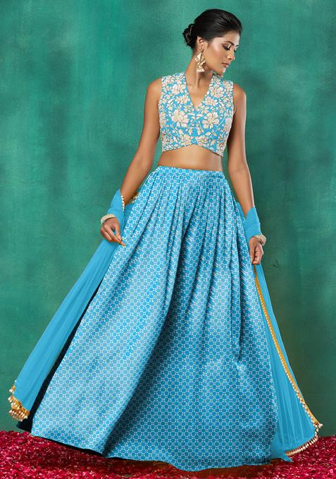 Light Blue Lehenga Set With Floral Sequin Hand Embroidered Blouse And Dupatta