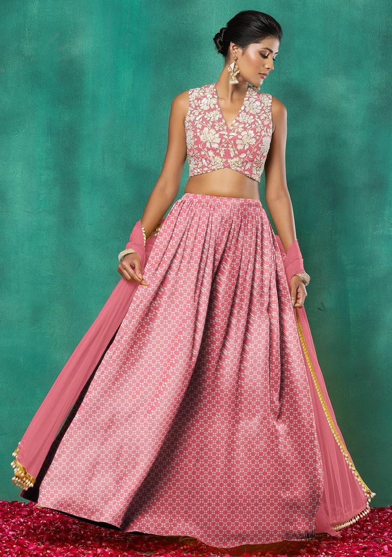 Blush Pink Lehenga Set With Floral Sequin Hand Embroidered Blouse And Dupatta