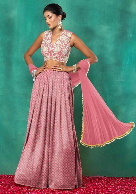 Blush Pink Lehenga Set With Floral Sequin Hand Embroidered Blouse And Dupatta