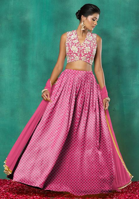 Dark Pink Lehenga Set With Floral Sequin Hand Embroidered Blouse And Dupatta