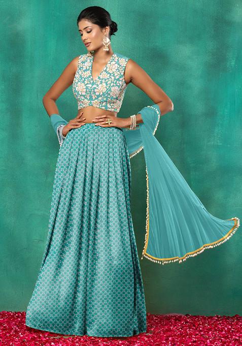 Blue Lehenga Set With Floral Sequin Hand Embroidered Blouse And Dupatta