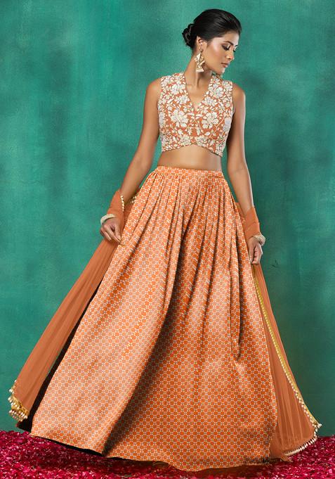 Orange Lehenga Set With Floral Sequin Hand Embroidered Blouse And Dupatta