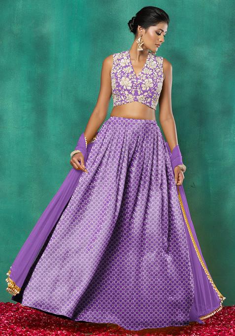 Light Purple Lehenga Set With Floral Sequin Hand Embroidered Blouse And Dupatta