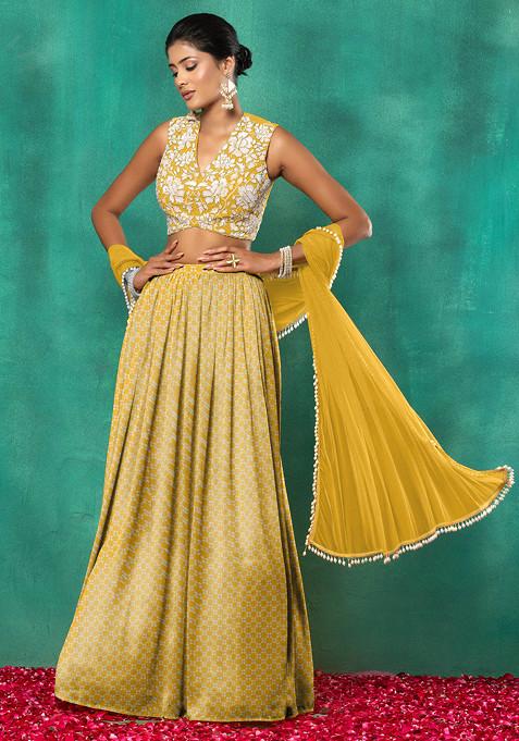 Yellow Lehenga Set With Floral Sequin Hand Embroidered Blouse And Dupatta