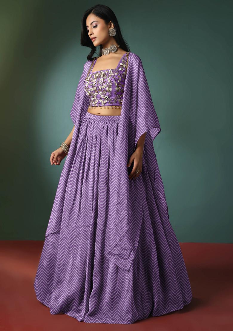 Purple Jacket Set With Floral Hand Embroidered Blouse And Skirt