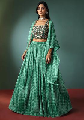 Green Jacket Set With Floral Hand Embroidered Blouse And Skirt