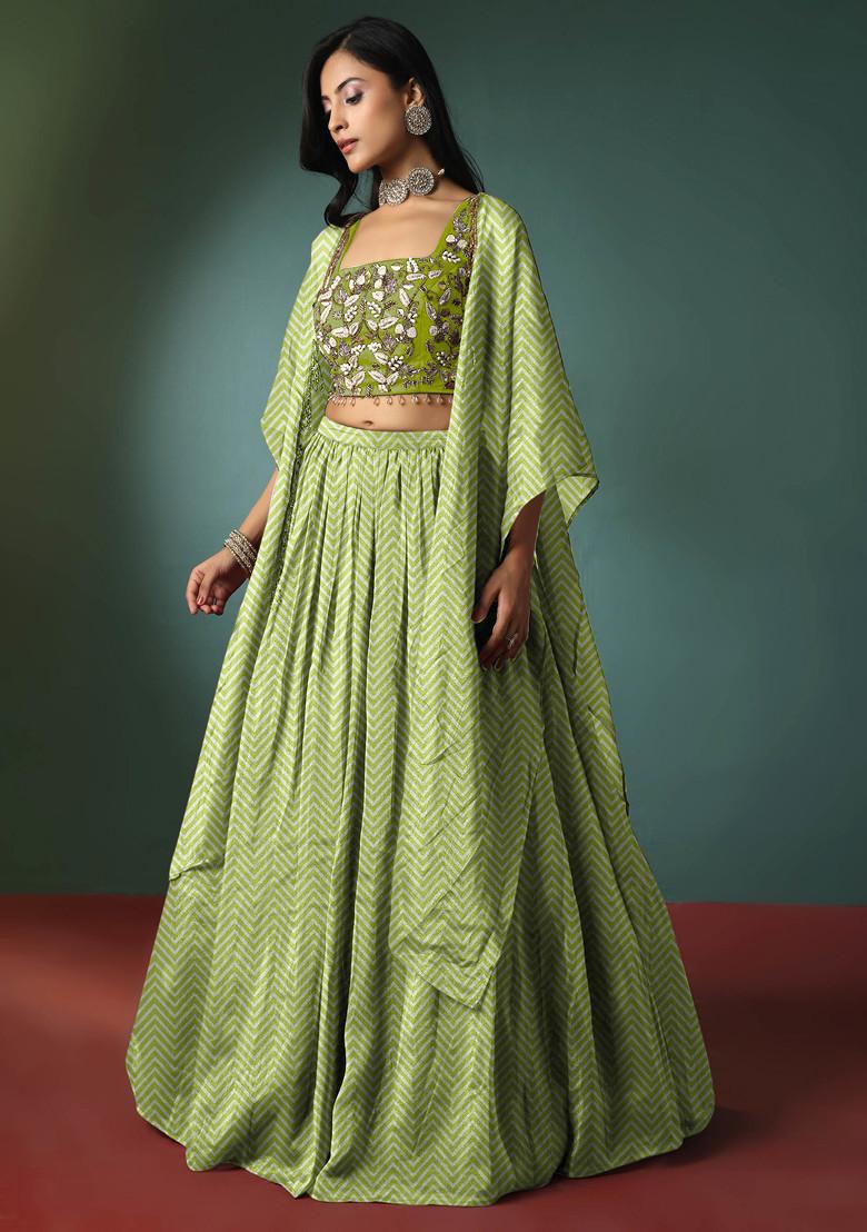 Lime Green Jacket Set With Floral Hand Embroidered Blouse And Skirt