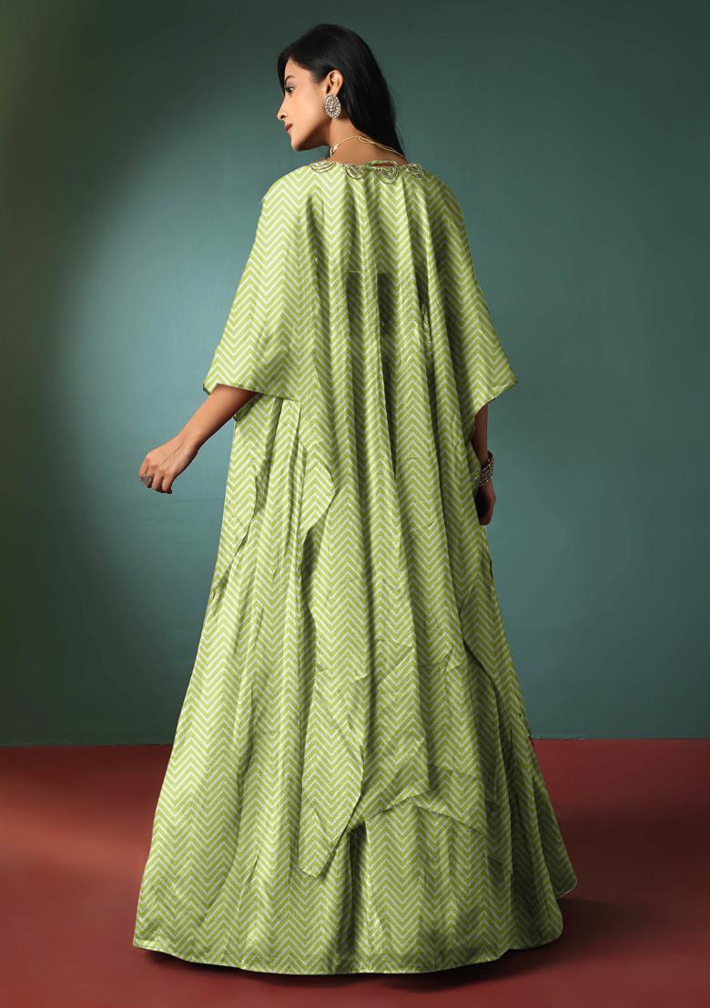 Lime Green Jacket Set With Floral Hand Embroidered Blouse And Skirt