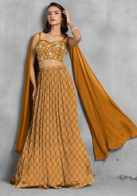 Mustard Yellow Lehenga Set With Floral Sequin Hand Embroidered Blouse