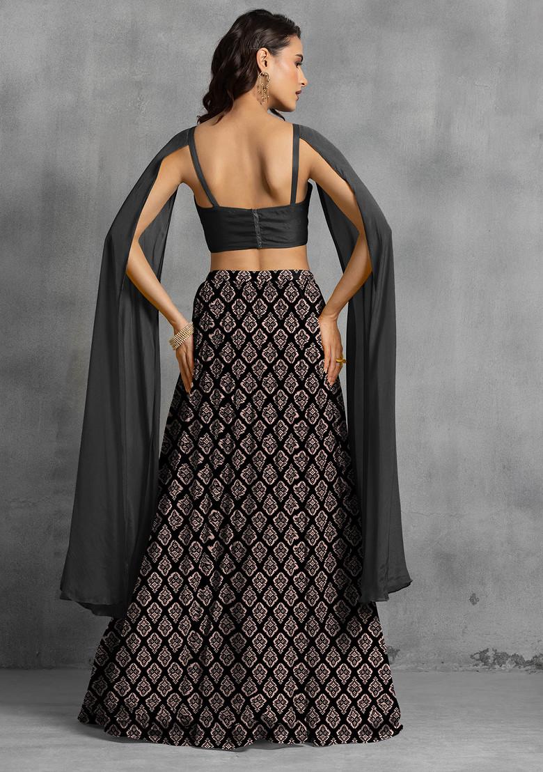 Black Lehenga Set With Floral Sequin Hand Embroidered Blouse