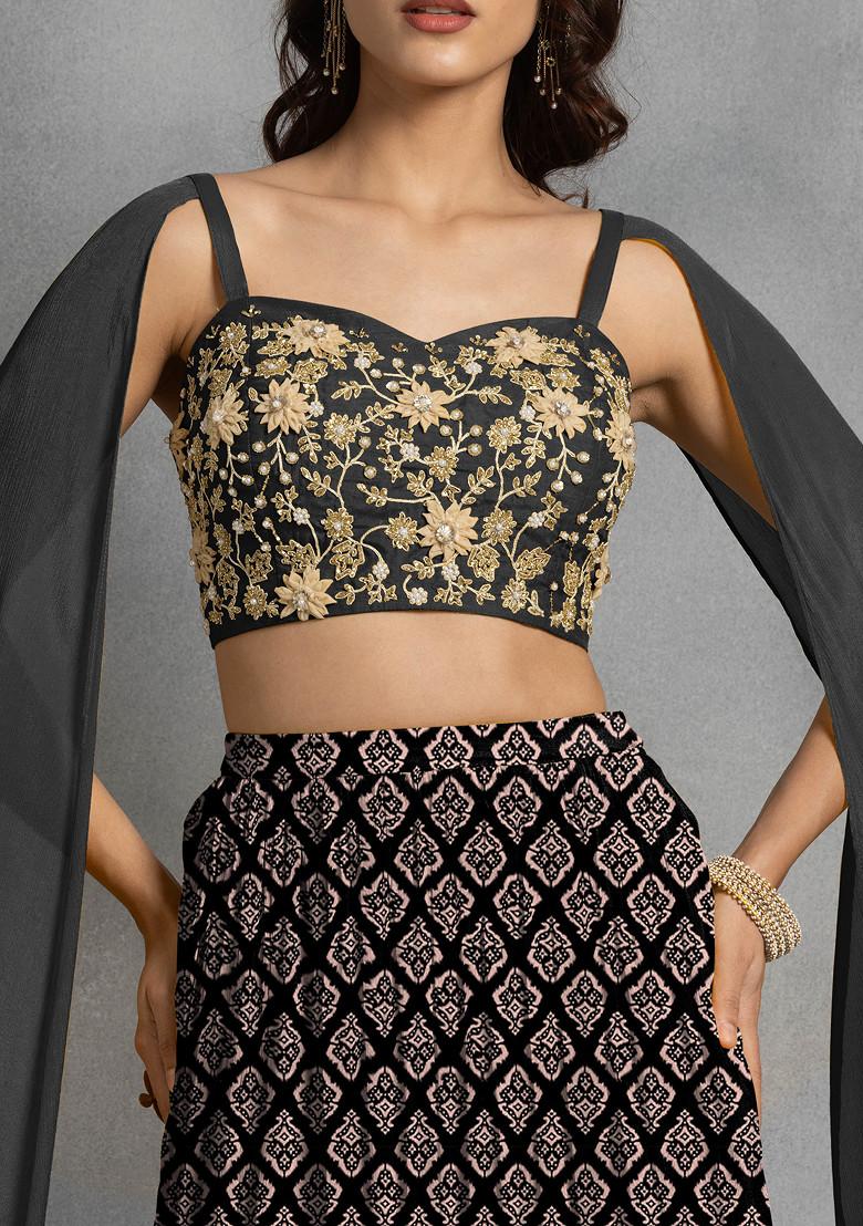 Black Lehenga Set With Floral Sequin Hand Embroidered Blouse