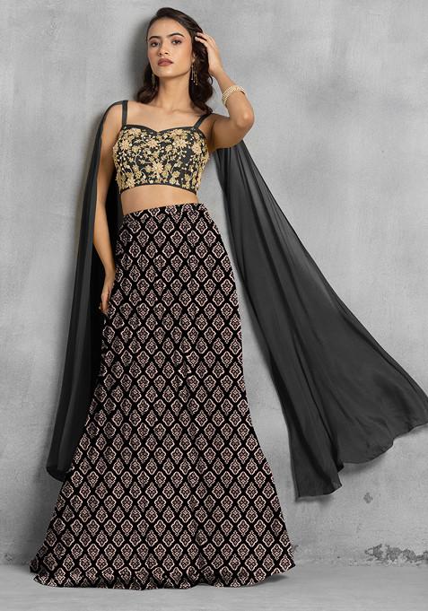 Black Lehenga Set With Floral Sequin Hand Embroidered Blouse