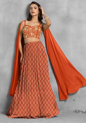 Orange Lehenga Set With Floral Sequin Hand Embroidered Blouse
