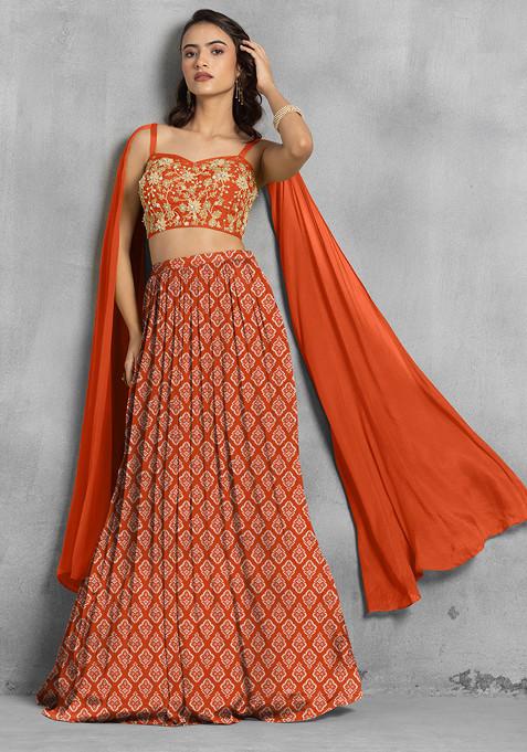 Orange Lehenga Set With Floral Sequin Hand Embroidered Blouse