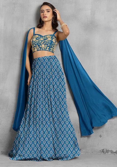 Blue Lehenga Set With Floral Sequin Hand Embroidered Blouse